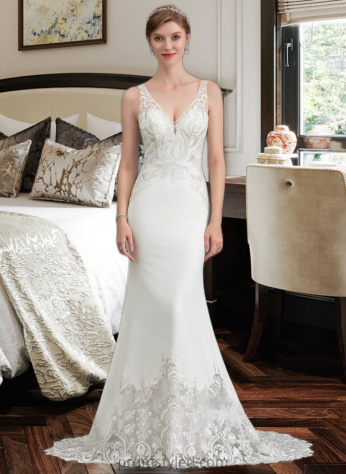 Ashley Trumpet/Mermaid V-neck Court Train Stretch Crepe Wedding Dress HLP0013803