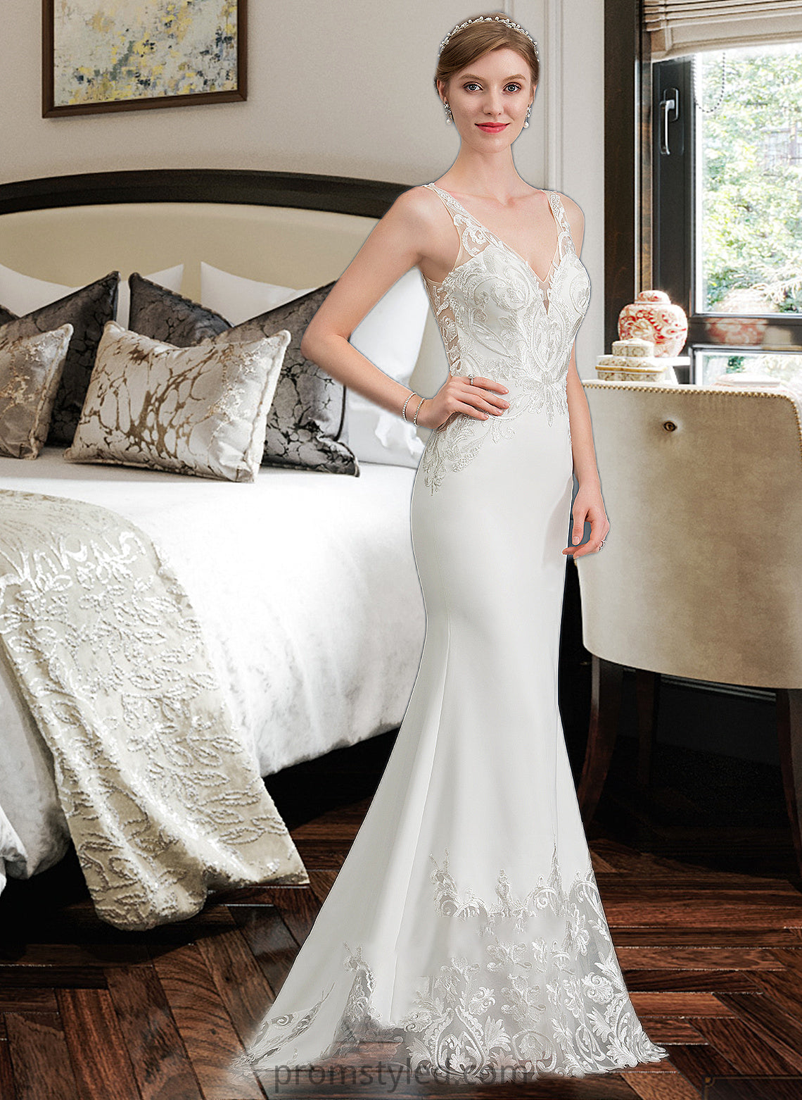 Ashley Trumpet/Mermaid V-neck Court Train Stretch Crepe Wedding Dress HLP0013803