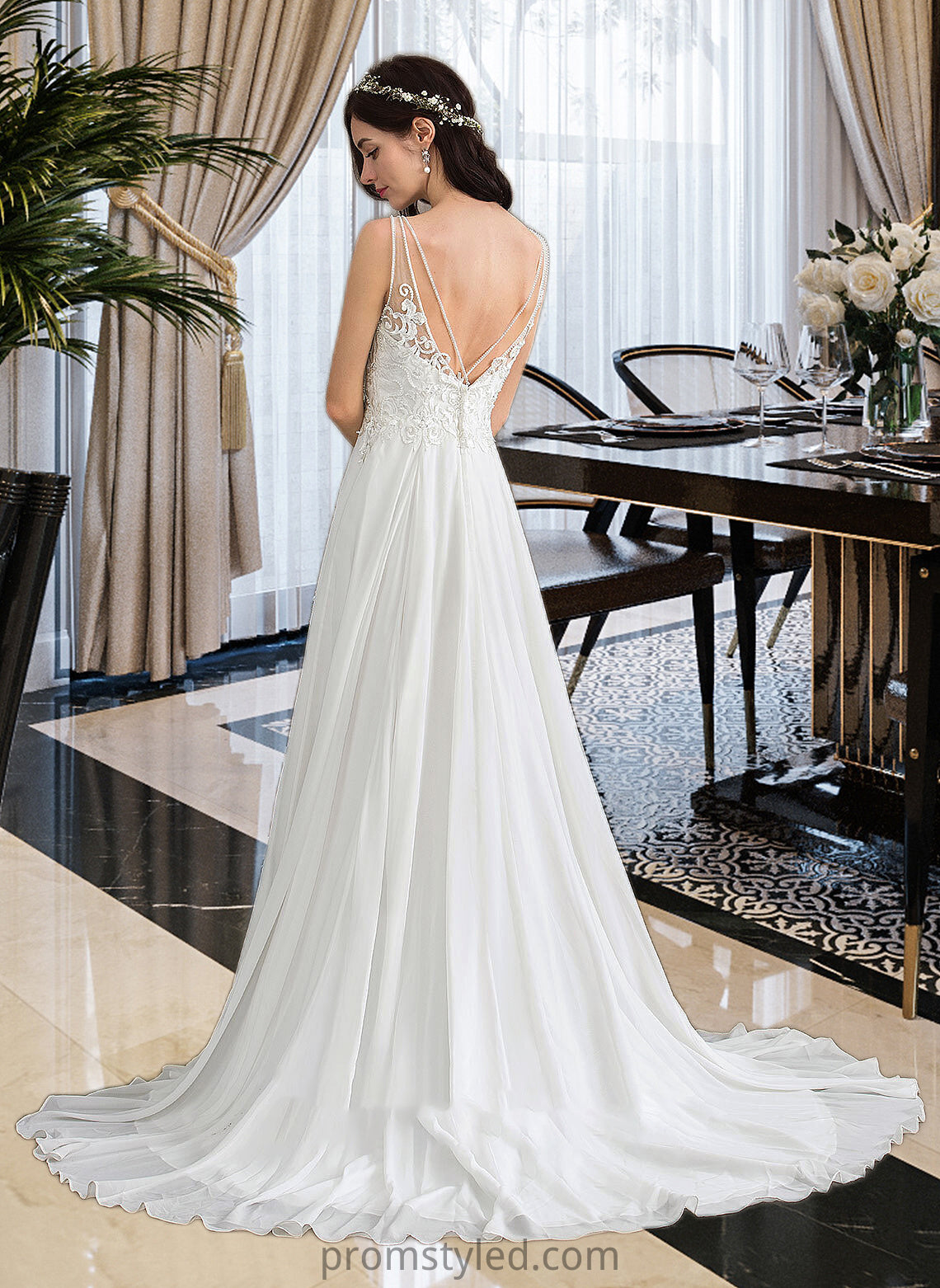 Kaleigh A-Line V-neck Sweep Train Chiffon Wedding Dress With Beading Sequins Split Front HLP0013806