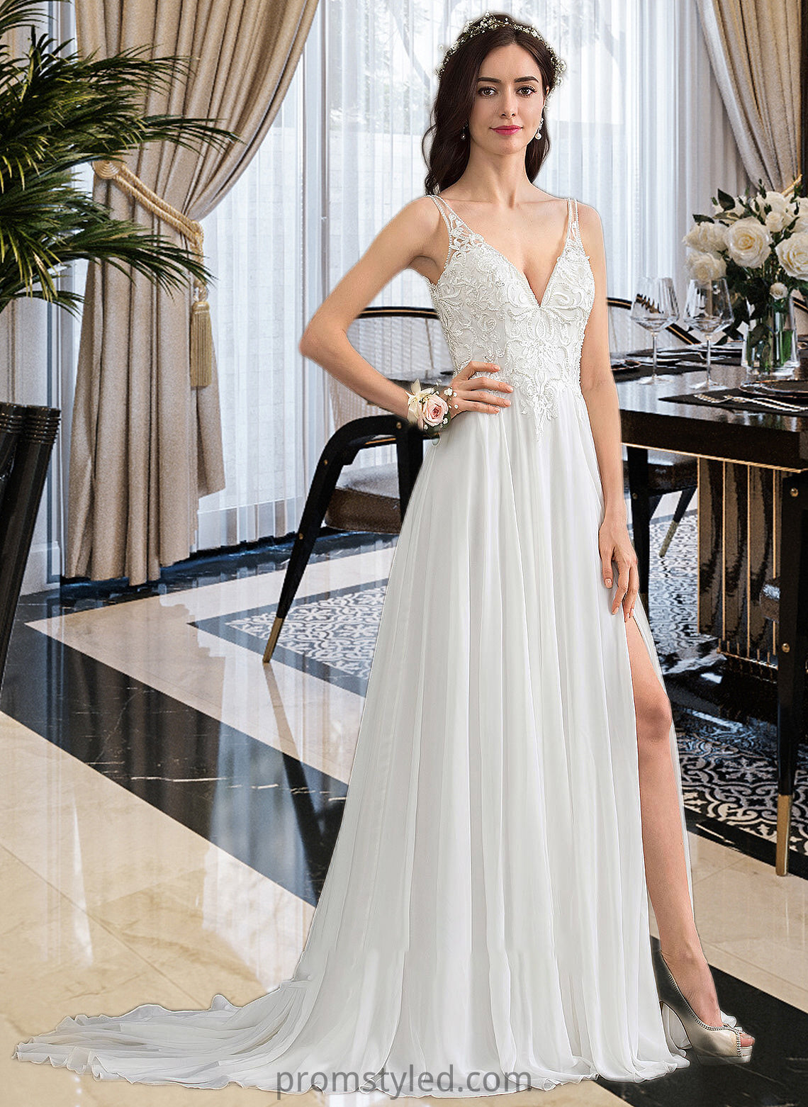 Kaleigh A-Line V-neck Sweep Train Chiffon Wedding Dress With Beading Sequins Split Front HLP0013806