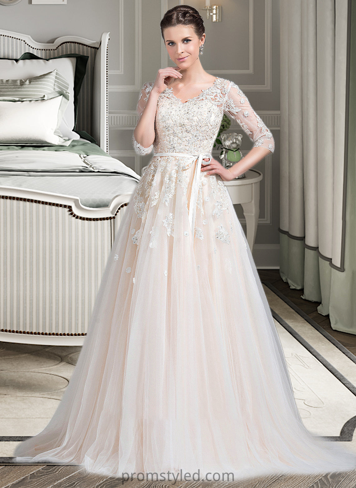 Esmeralda Ball-Gown/Princess V-neck Court Train Tulle Wedding Dress With Beading Appliques Lace Sequins Bow(s) HLP0013809