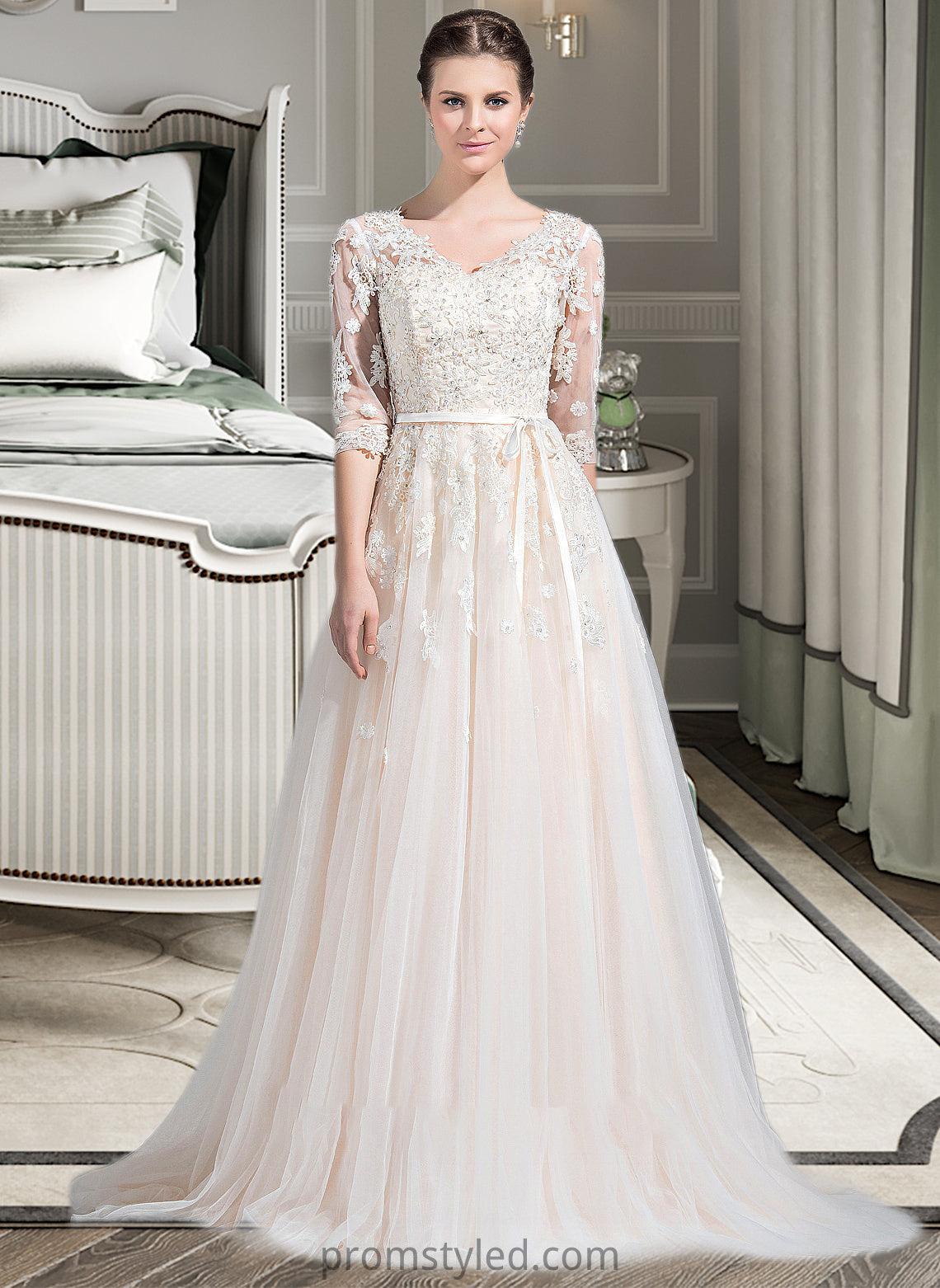 Esmeralda Ball-Gown/Princess V-neck Court Train Tulle Wedding Dress With Beading Appliques Lace Sequins Bow(s) HLP0013809