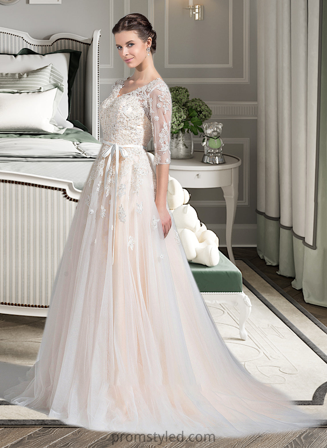 Esmeralda Ball-Gown/Princess V-neck Court Train Tulle Wedding Dress With Beading Appliques Lace Sequins Bow(s) HLP0013809