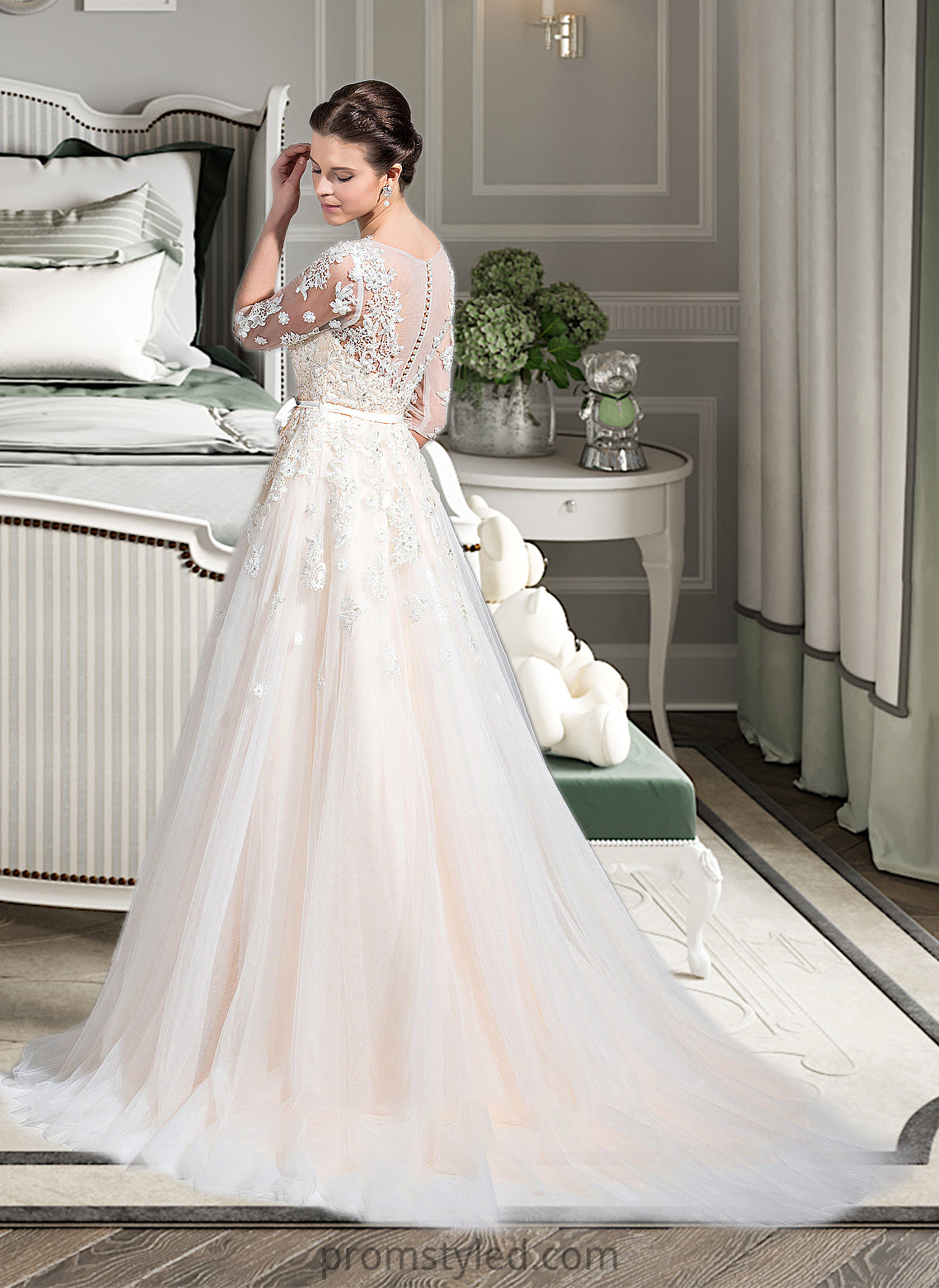 Esmeralda Ball-Gown/Princess V-neck Court Train Tulle Wedding Dress With Beading Appliques Lace Sequins Bow(s) HLP0013809