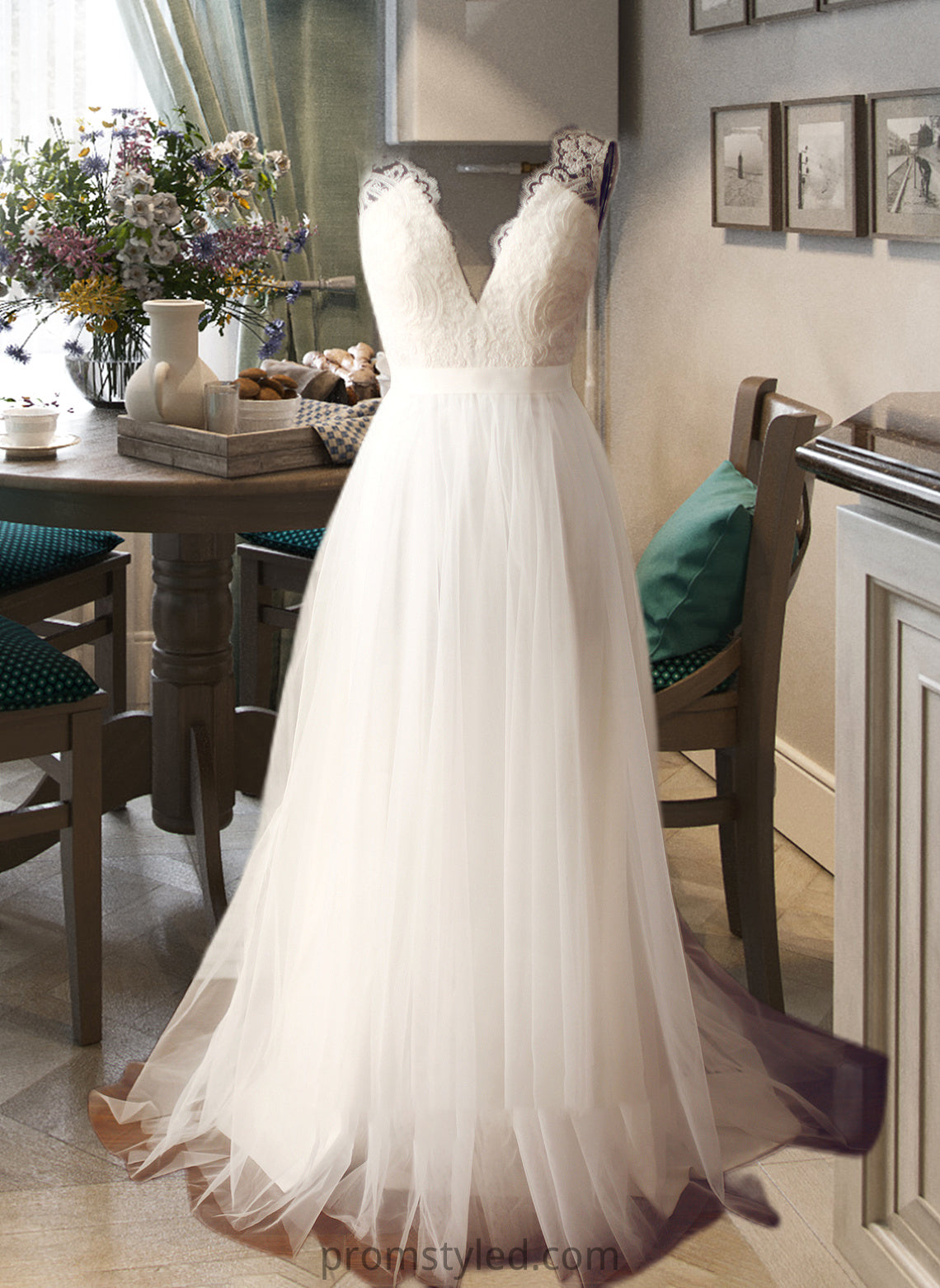 Elena A-Line V-neck Sweep Train Tulle Wedding Dress HLP0013812