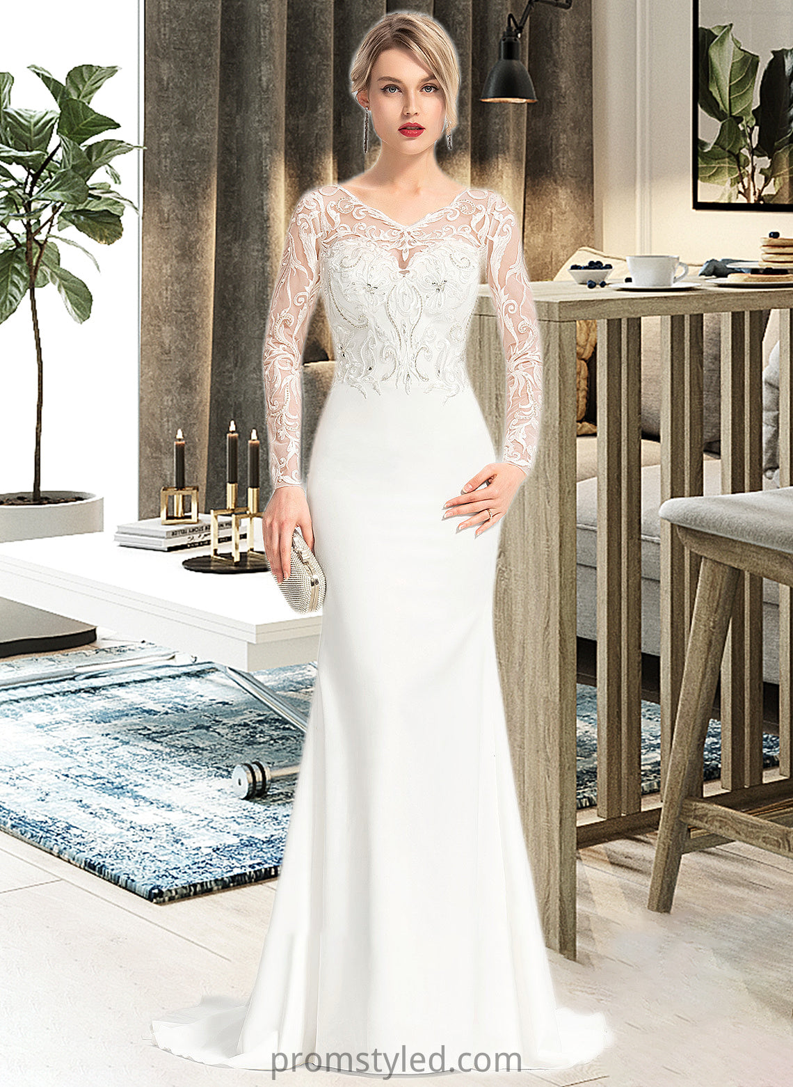 Crystal Trumpet/Mermaid V-neck Sweep Train Stretch Crepe Wedding Dress With Beading Sequins HLP0013816