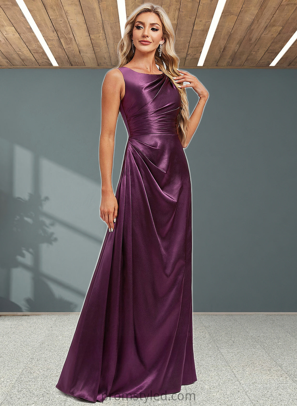 Kaelyn A-line Scoop Floor-Length Stretch Satin Bridesmaid Dress HLP0025829