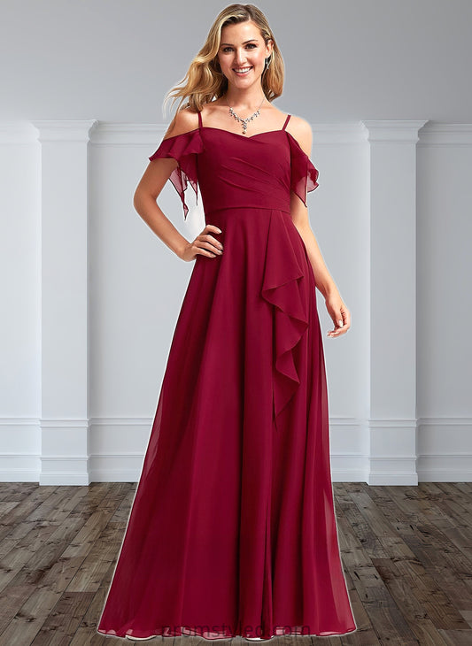 Skylar A-line Cold Shoulder Floor-Length Chiffon Bridesmaid Dress With Ruffle HLP0025755