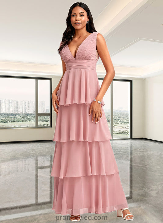 Katelyn A-line V-Neck Floor-Length Chiffon Bridesmaid Dress HLP0025749