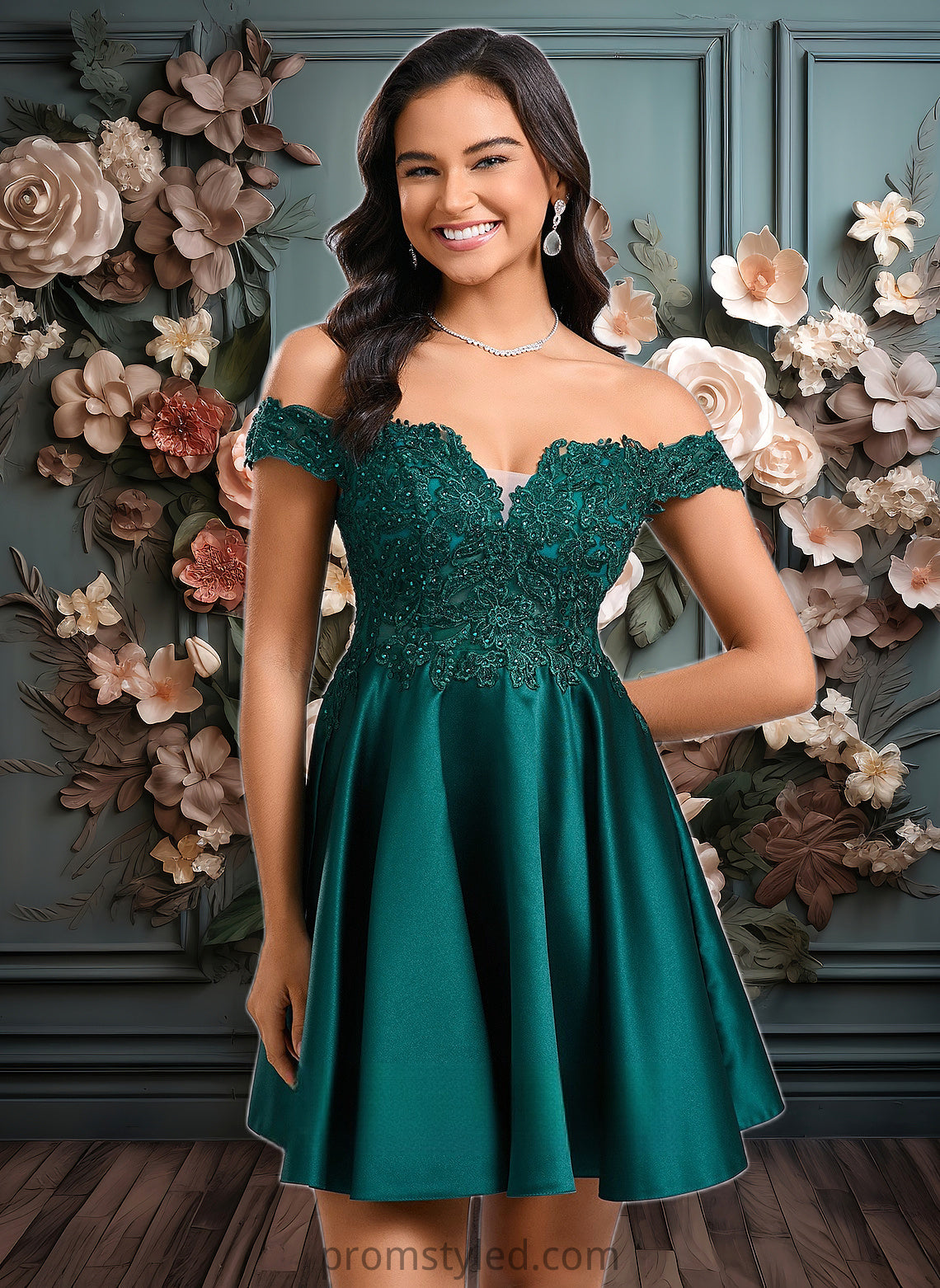 Cara A-line Off the Shoulder Short Lace Satin Homecoming Dress With Rhinestone HLP0025718