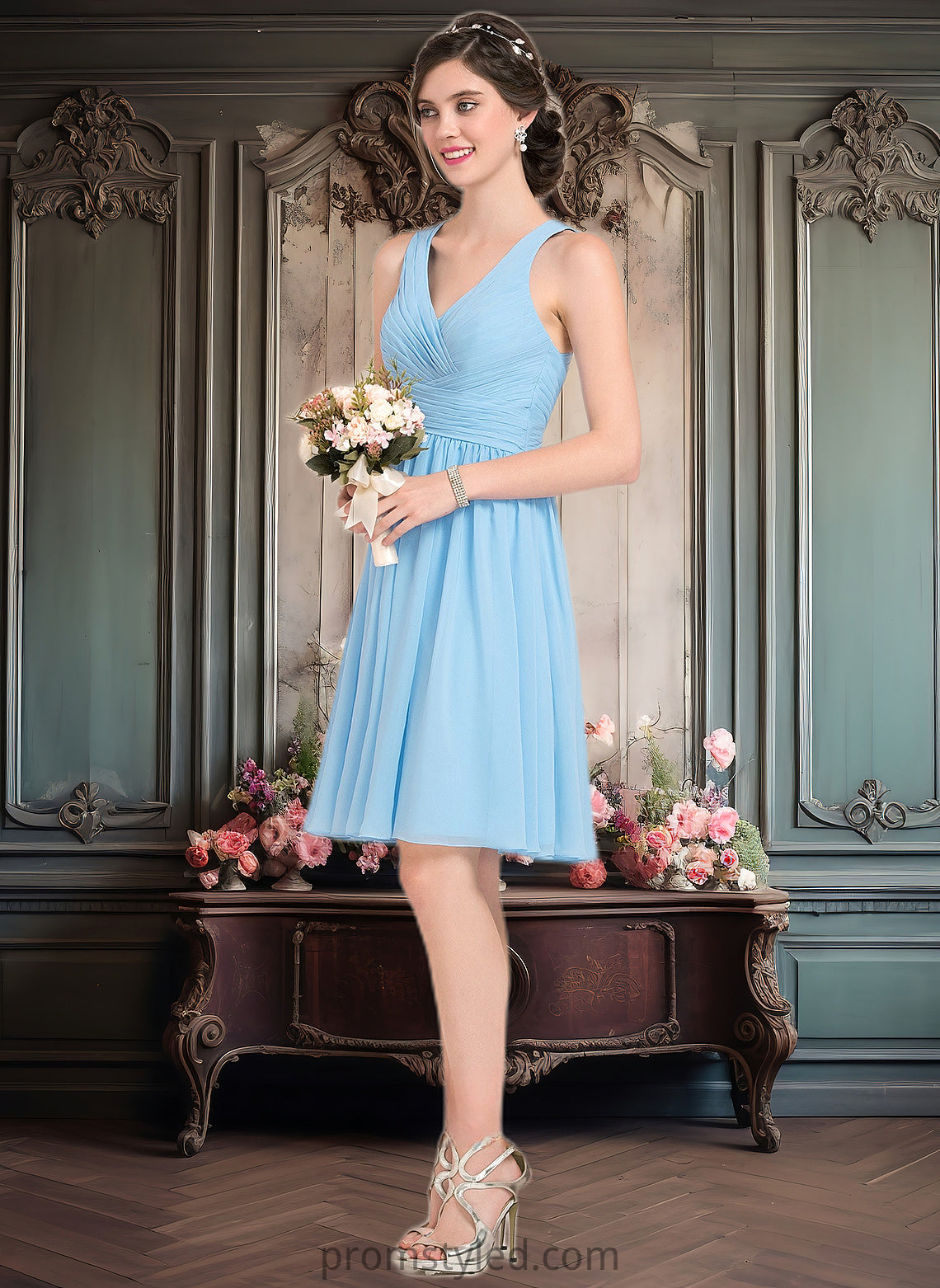 Aliya A-line V-Neck Knee-Length Chiffon Homecoming Dress With Ruffle HLP0025703