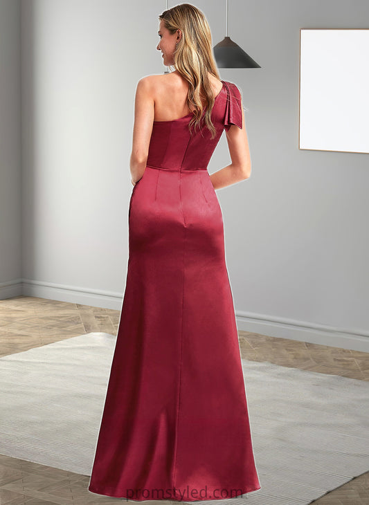 Libby A-line One Shoulder Floor-Length Stretch Satin Bridesmaid Dress With Bow HLP0025758