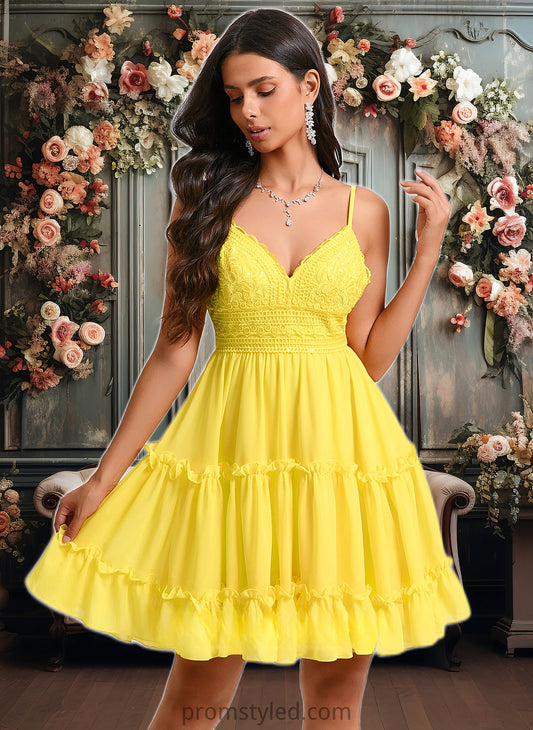 Brynlee A-line V-Neck Short Chiffon Homecoming Dress With Ruffle Sequins HLP0025700