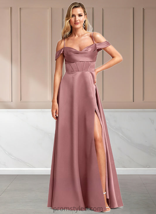 Ashley A-line Cold Shoulder Floor-Length Satin Bridesmaid Dress HLP0025750