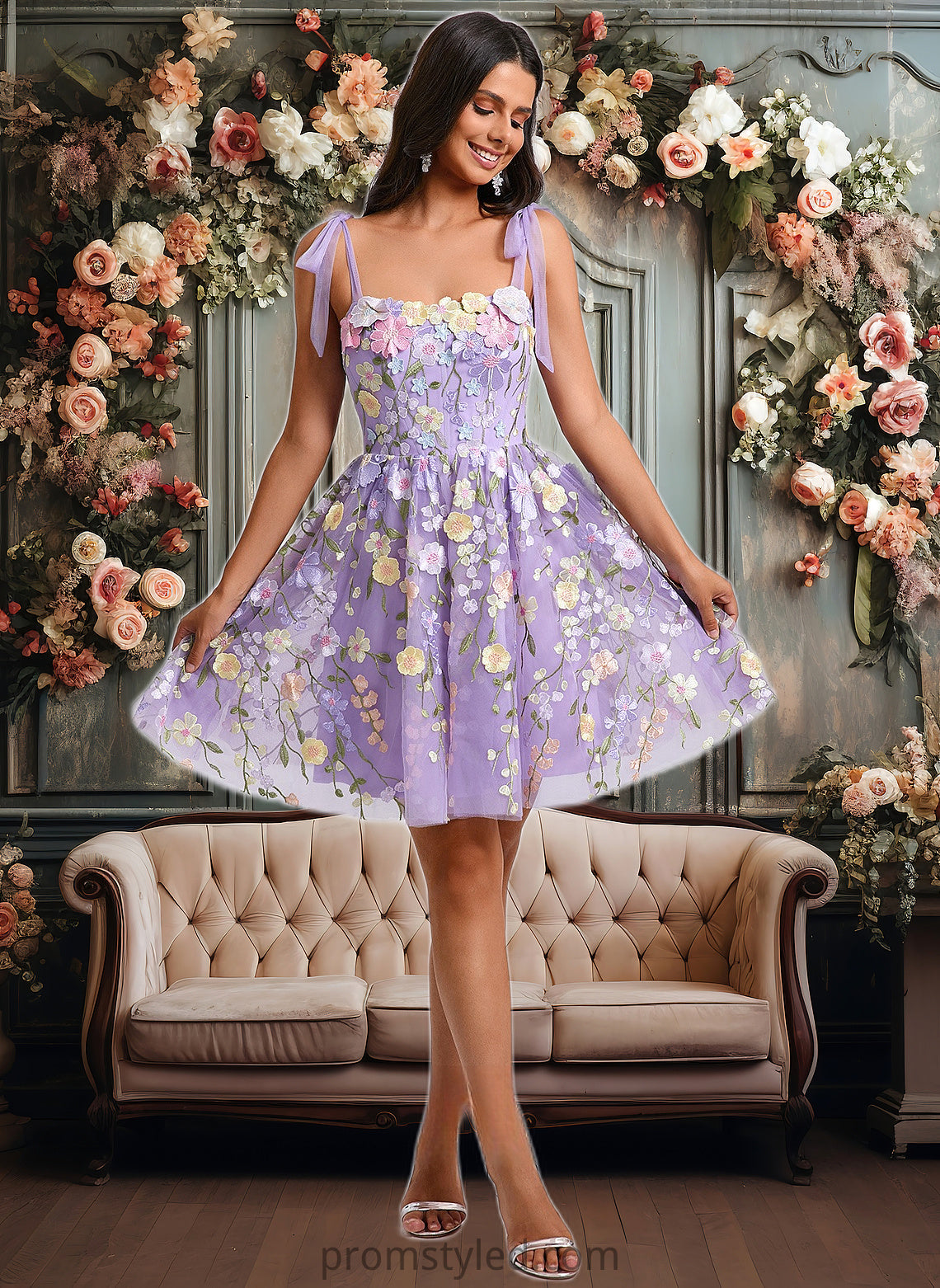 Kaydence A-line Scoop Short Floral Lace Homecoming Dress With Bow 3D Floral HLP0025695