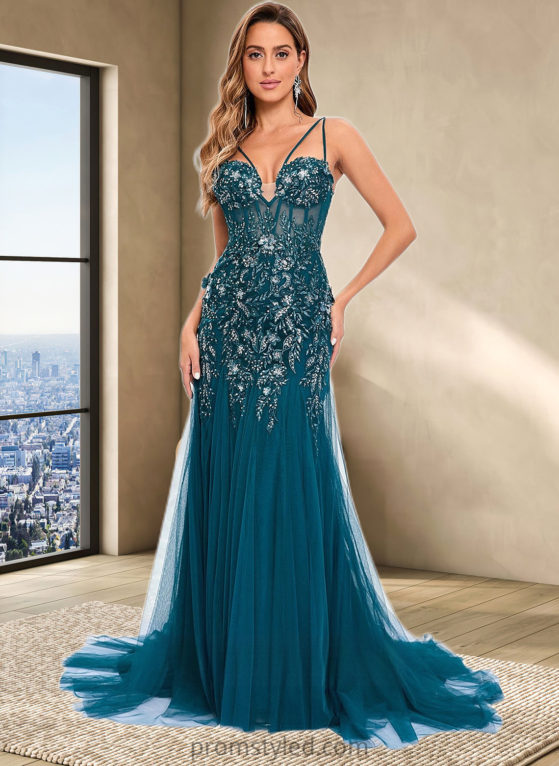 Sydney Trumpet/Mermaid V-Neck Sweep Train Tulle Prom Dresses With Sequins Appliques Lace HLP0025853