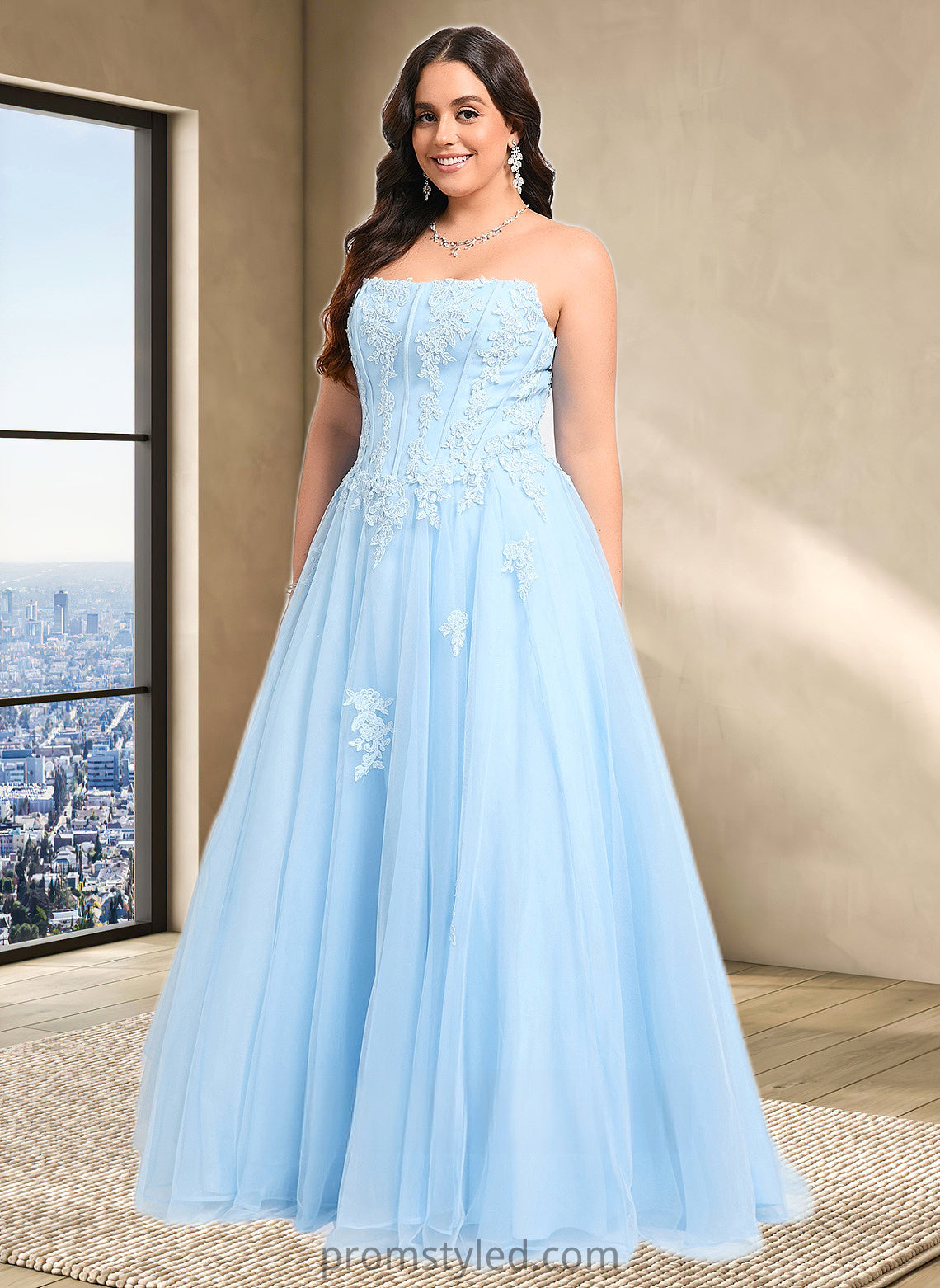 Makena Ball-Gown/Princess Straight Sweep Train Tulle Prom Dresses With Sequins Appliques Lace HLP0025864