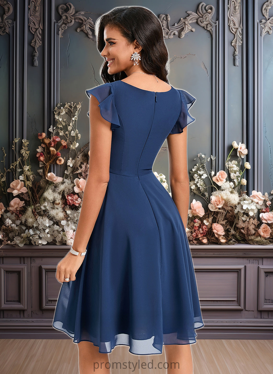 Meg A-line V-Neck Knee-Length Chiffon Homecoming Dress With Ruffle HLP0025684