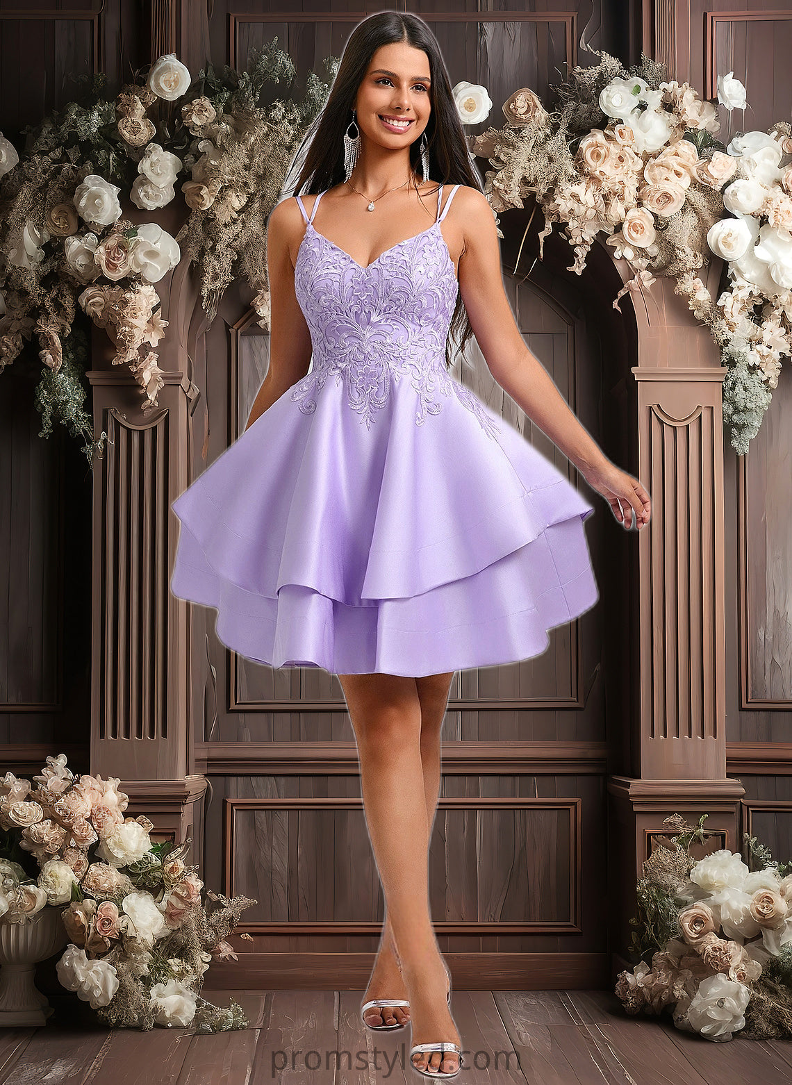 Elyse A-line V-Neck Short Satin Homecoming Dress With Appliques Lace HLP0025692