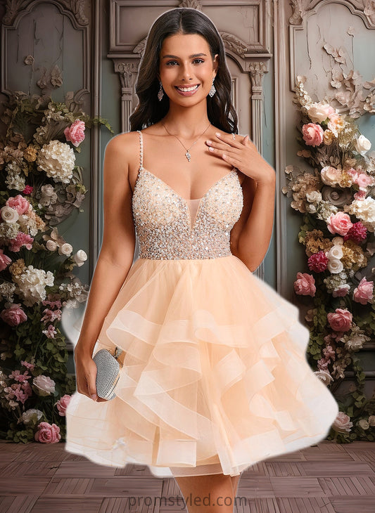 Jada Ball-Gown/Princess V-Neck Short Tulle Homecoming Dress With Beading Sequins HLP0025646