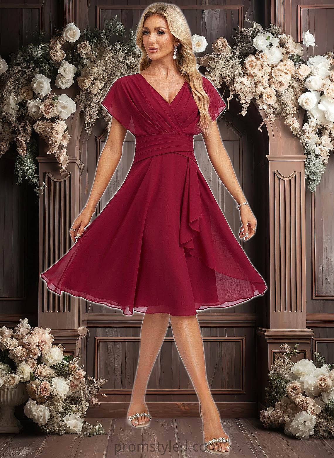 Alexus A-line V-Neck Knee-Length Chiffon Homecoming Dress With Ruffle HLP0025716