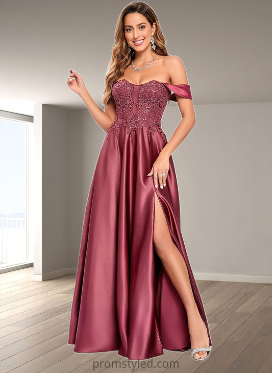 Christina A-line Off the Shoulder Floor-Length Satin Lace Prom Dresses With Sequins HLP0025841