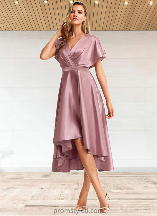 Carissa A-line V-Neck Asymmetrical Stretch Satin Bridesmaid Dress HLP0025752