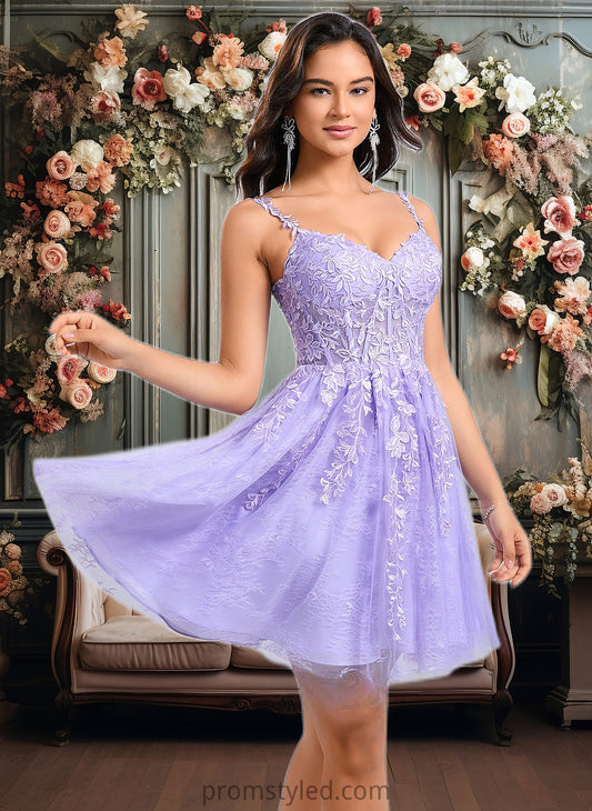 Eileen A-line V-Neck Short Tulle Lace Homecoming Dress HLP0025640