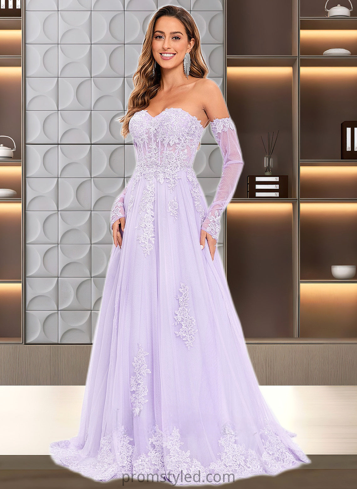 Carolyn A-line Sweetheart Sweep Train Tulle Prom Dresses With Sequins Appliques Lace HLP0025856