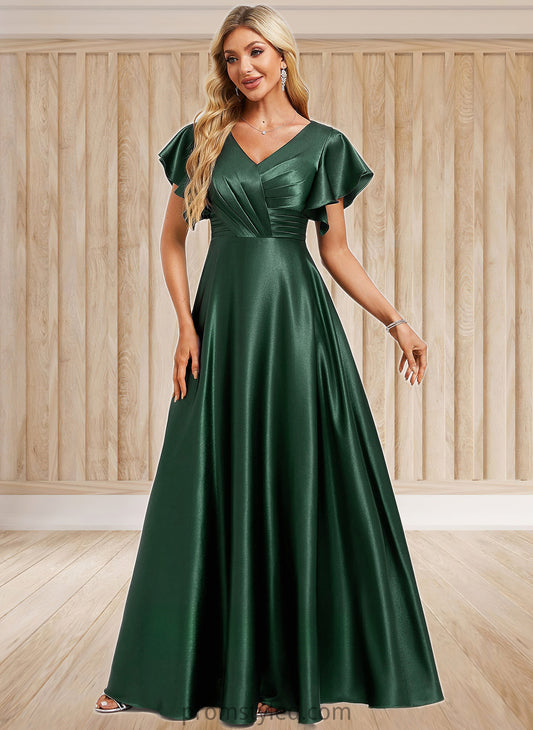 Meredith A-line V-Neck Floor-Length Stretch Satin Bridesmaid Dress With Ruffle HLP0025773