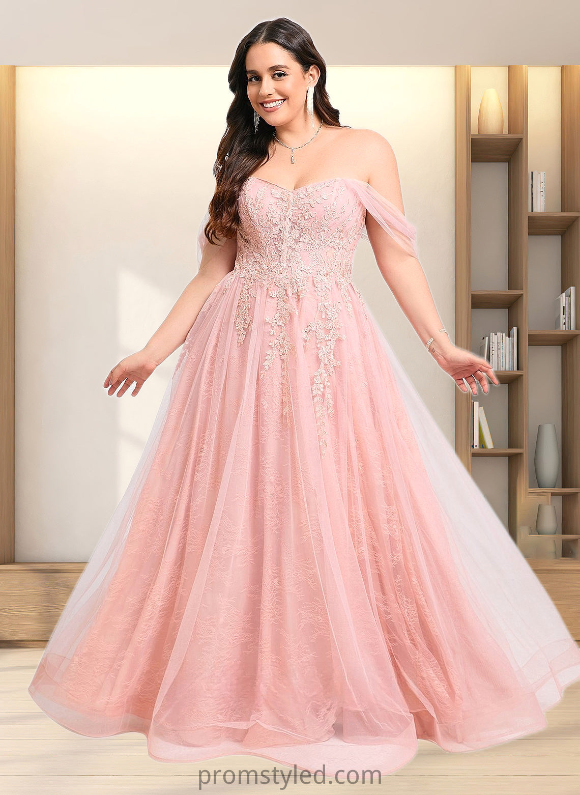 Baylee A-line Sweetheart Off the Shoulder Floor-Length Tulle Floral Lace Prom Dresses With Appliques Lace HLP0025870