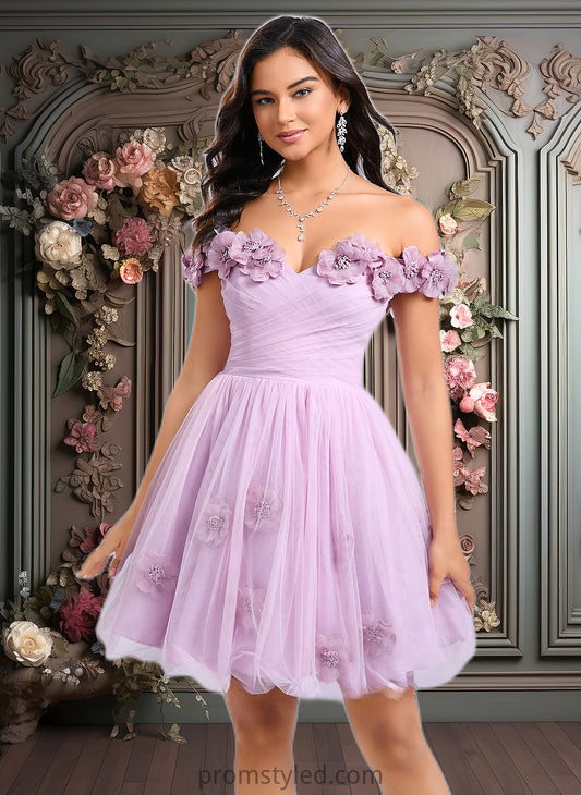 Cara Ball-Gown/Princess Off the Shoulder Short Tulle Homecoming Dress With Pleated Flower HLP0025668