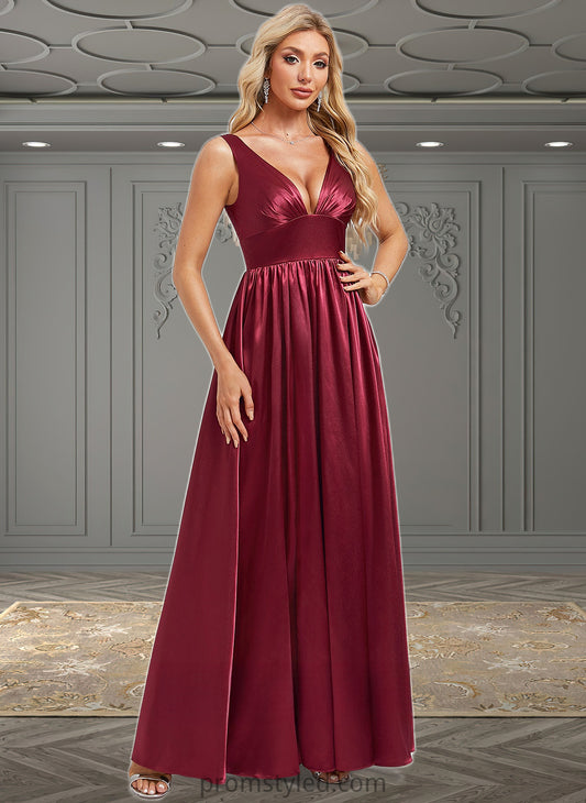 Jadyn A-line V-Neck Floor-Length Stretch Satin Bridesmaid Dress HLP0025771