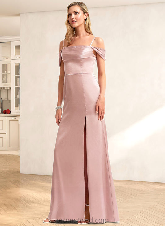 Esmeralda A-line Cold Shoulder Floor-Length Stretch Satin Bridesmaid Dress HLP0025747