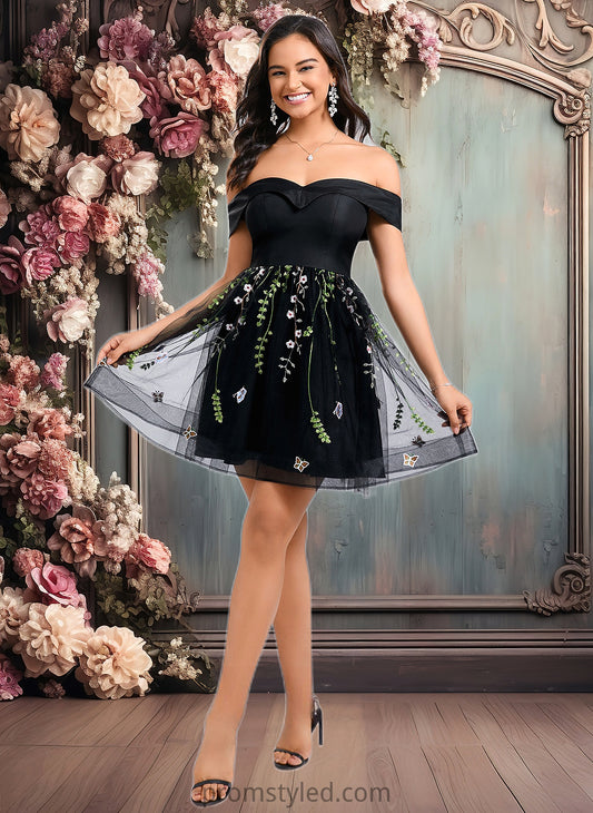 Vivien A-line Off the Shoulder Short Tulle Lace Homecoming Dress With Embroidered HLP0025720