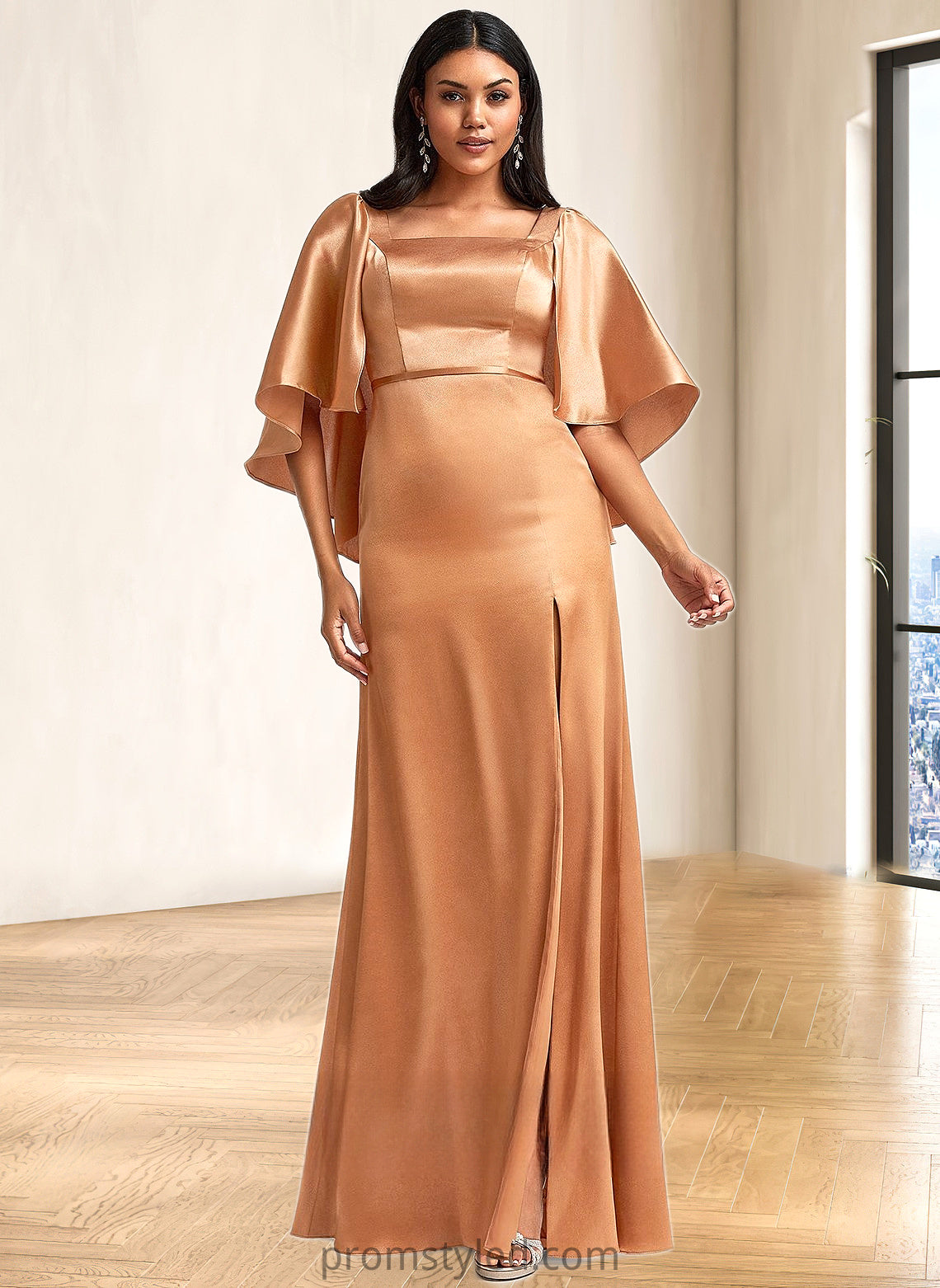 Emely A-line Square Floor-Length Stretch Satin Bridesmaid Dress HLP0025765