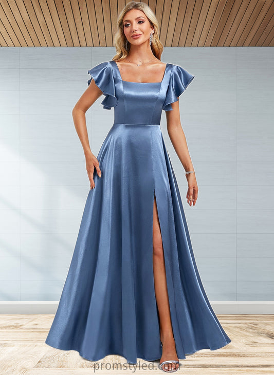 Ada A-line Square Floor-Length Stretch Satin Bridesmaid Dress With Ruffle HLP0025769