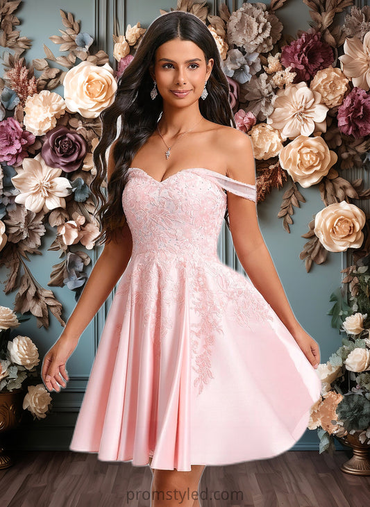 Charlotte A-line Off the Shoulder Short Satin Homecoming Dress With Rhinestone Beading Appliques Lace HLP0025679