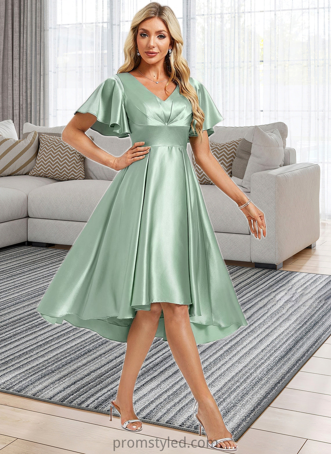 Ashanti A-line V-Neck Asymmetrical Stretch Satin Bridesmaid Dress With Ruffle HLP0025772