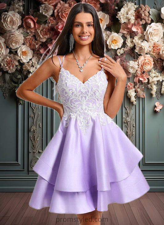 Mareli A-line V-Neck Short Satin Homecoming Dress With Appliques Lace HLP0025696