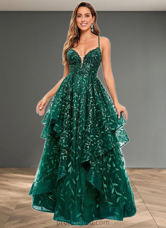 Bailee Ball-Gown/Princess V-Neck Floor-Length Lace Floral Prom Dresses With Sequins HLP0025838