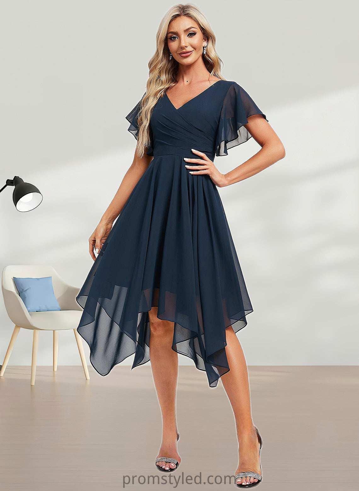 Zariah A-line V-Neck Asymmetrical Chiffon Bridesmaid Dress With Ruffle HLP0025804