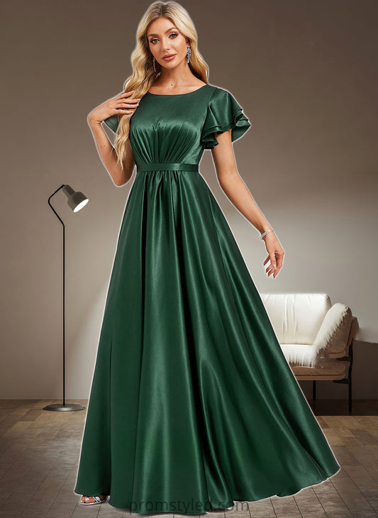 Kyra A-line Scoop Floor-Length Stretch Satin Bridesmaid Dress With Ruffle HLP0025770