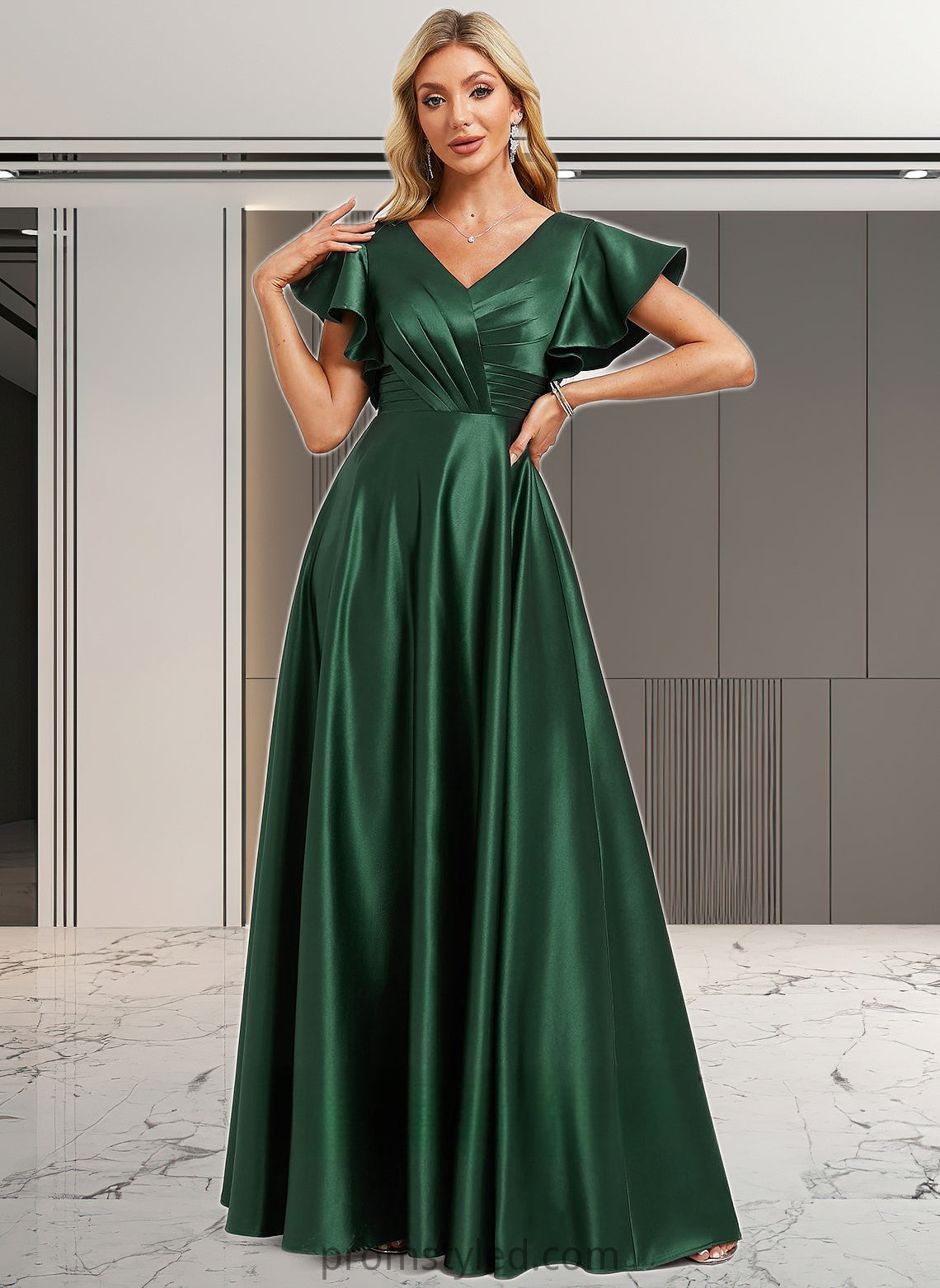 Viola A-line V-Neck Floor-Length Satin Bridesmaid Dress With Ruffle HLP0025777