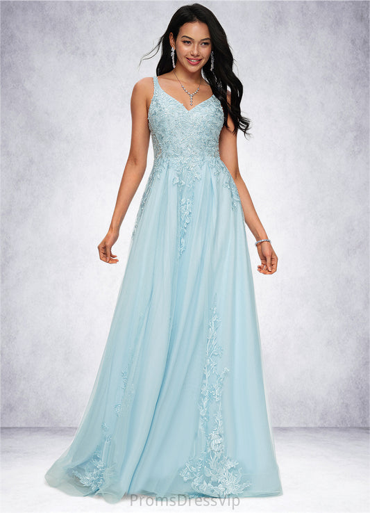 Isabela A-line V-Neck Floor-Length Tulle Prom Dresses With Rhinestone Appliques Lace Sequins HLP0022225