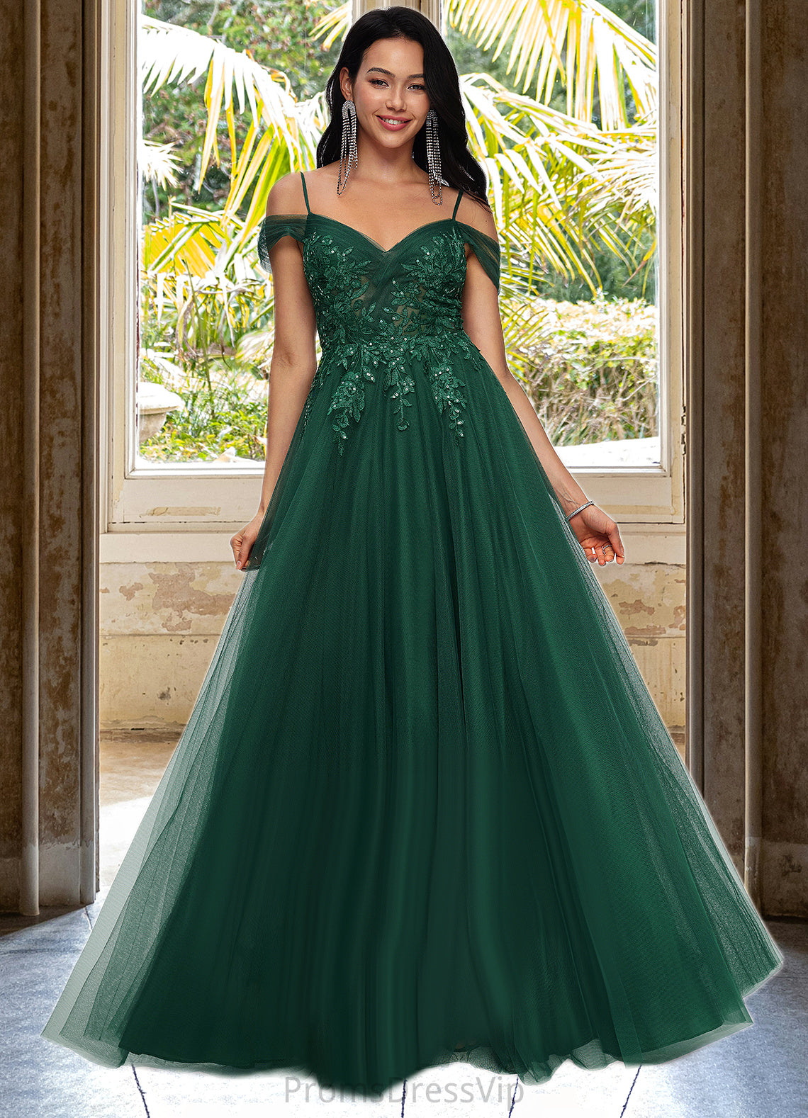 Kinley A-line Off the Shoulder Floor-Length Tulle Prom Dresses With Appliques Lace Sequins HLP0022231