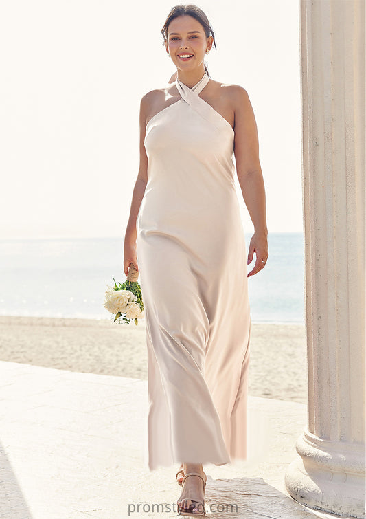 Sheath/Column Halter Sleeveless Ankle-Length Stretch Satin Plus Size Bridesmaid Dresses with Bowknot Peggie HLP0025237