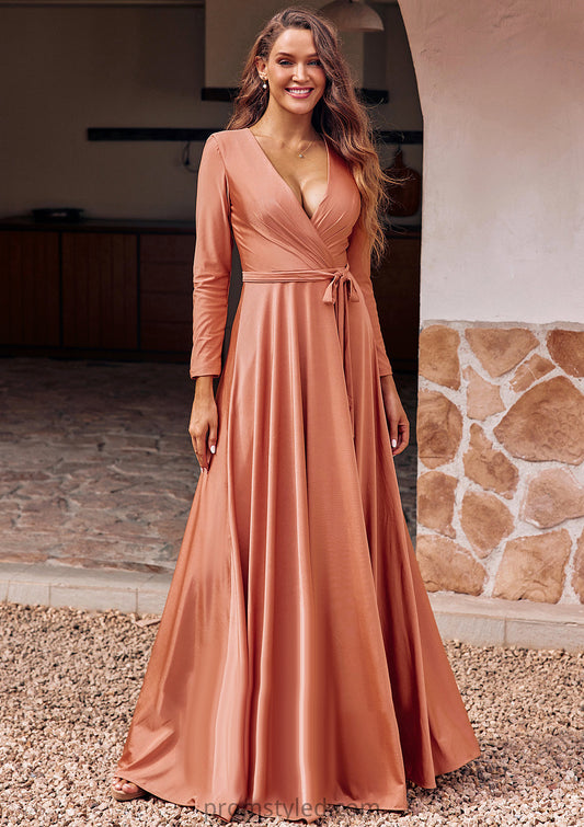 A-line V Neck Full/Long Sleeve Floor-Length Jersey Bridesmaid Dresses with Pleated Sashes Jolie HLP0025246