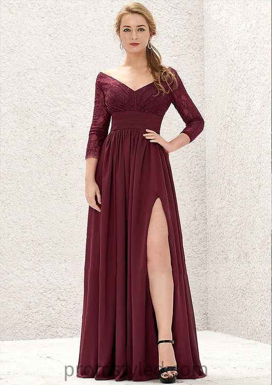 A-line V Neck Full/Long Sleeve Long/Floor-Length Chiffon Bridesmaid Dresses With Lace Split Pleated Maryjane HLP0025304