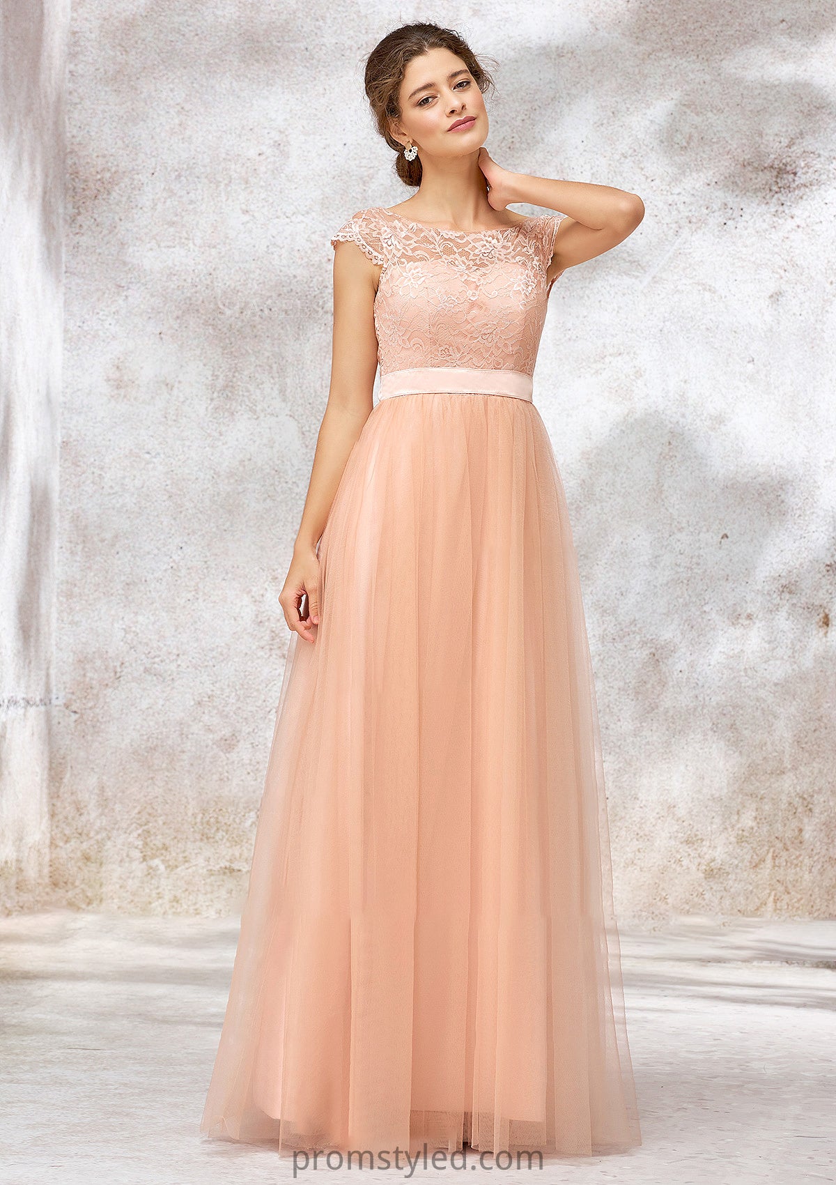 Sleeveless Bateau Long/Floor-Length Tulle A-line/Princess Bridesmaid Dresses With Sashes Lace Mia HLP0025405